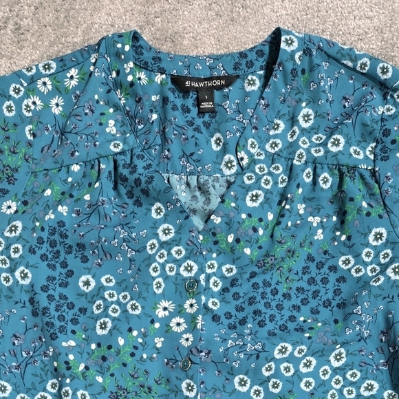41 Hawthorn Cristen Teal Floral Ditsy Shirt Dress Roll Tab Sleeves Stitch Fix - Picture 4 of 9